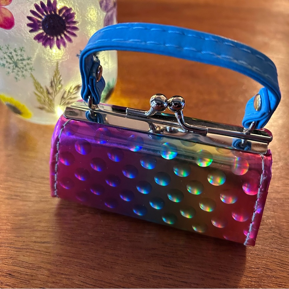 Tic Tok Lipstick Coin Mini Purse Blue Handle Multicolor Dot Design Clasp Closure